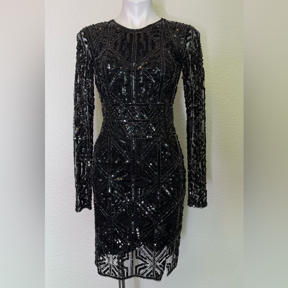 Parker Black Embellished Long Sleeve Cocktail Dress